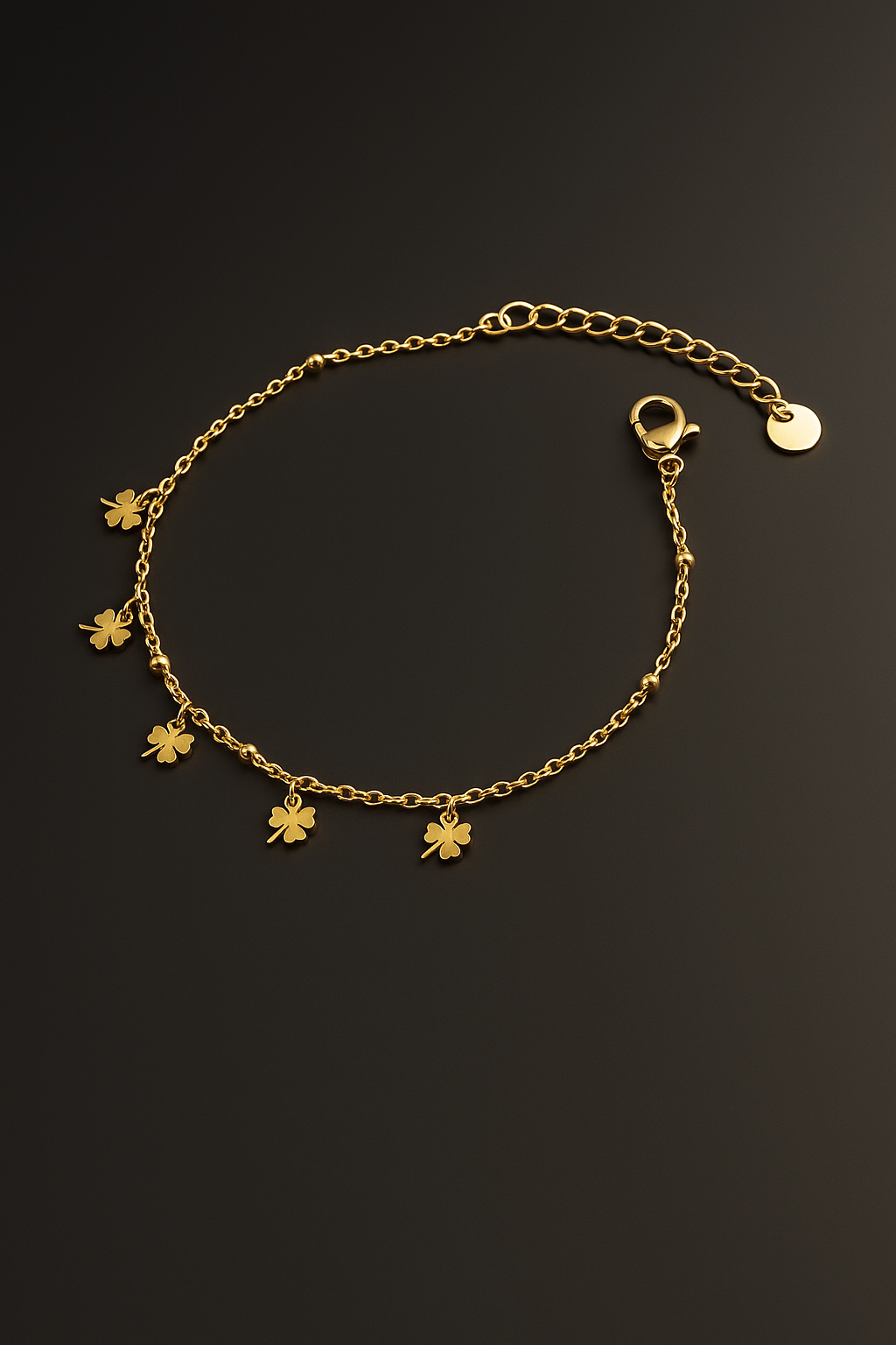 Pulseira Dourada com 5 Pingentes Trevo – Elegância e Sorte Aço Inoxidável